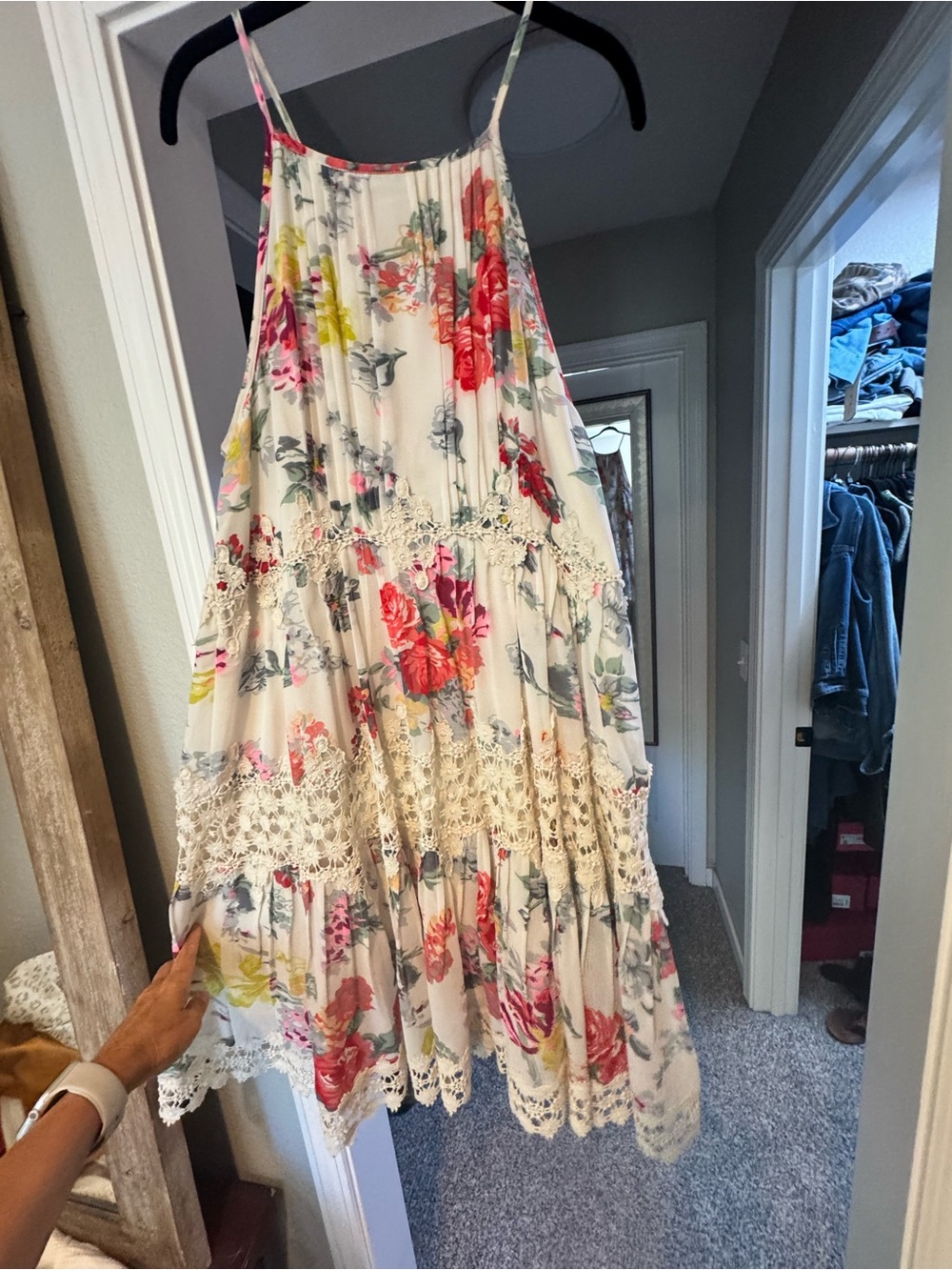 Ranna Gill Ivory Slip Dress with Pink & Green Floral Trim